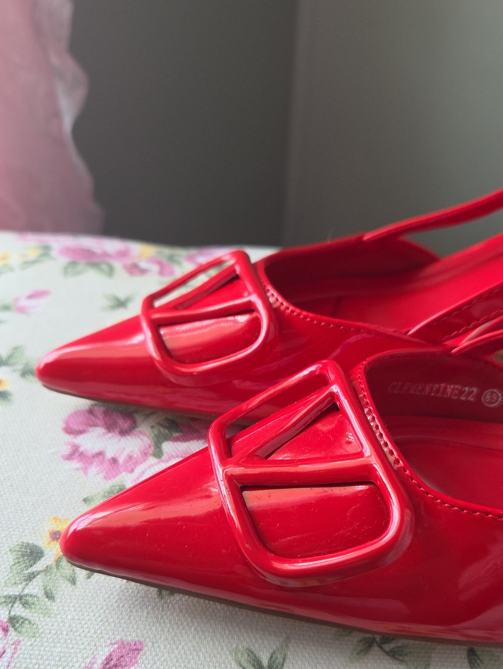Red Patent Slingback Pointed-Toe Heels with Decorative Buckle - Picture 14 of 14